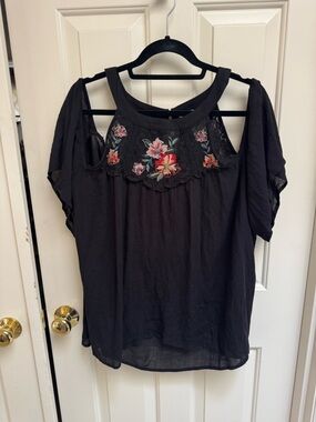 Flying Tomato Black Cold-Shoulder Floral Embroidered Blouse